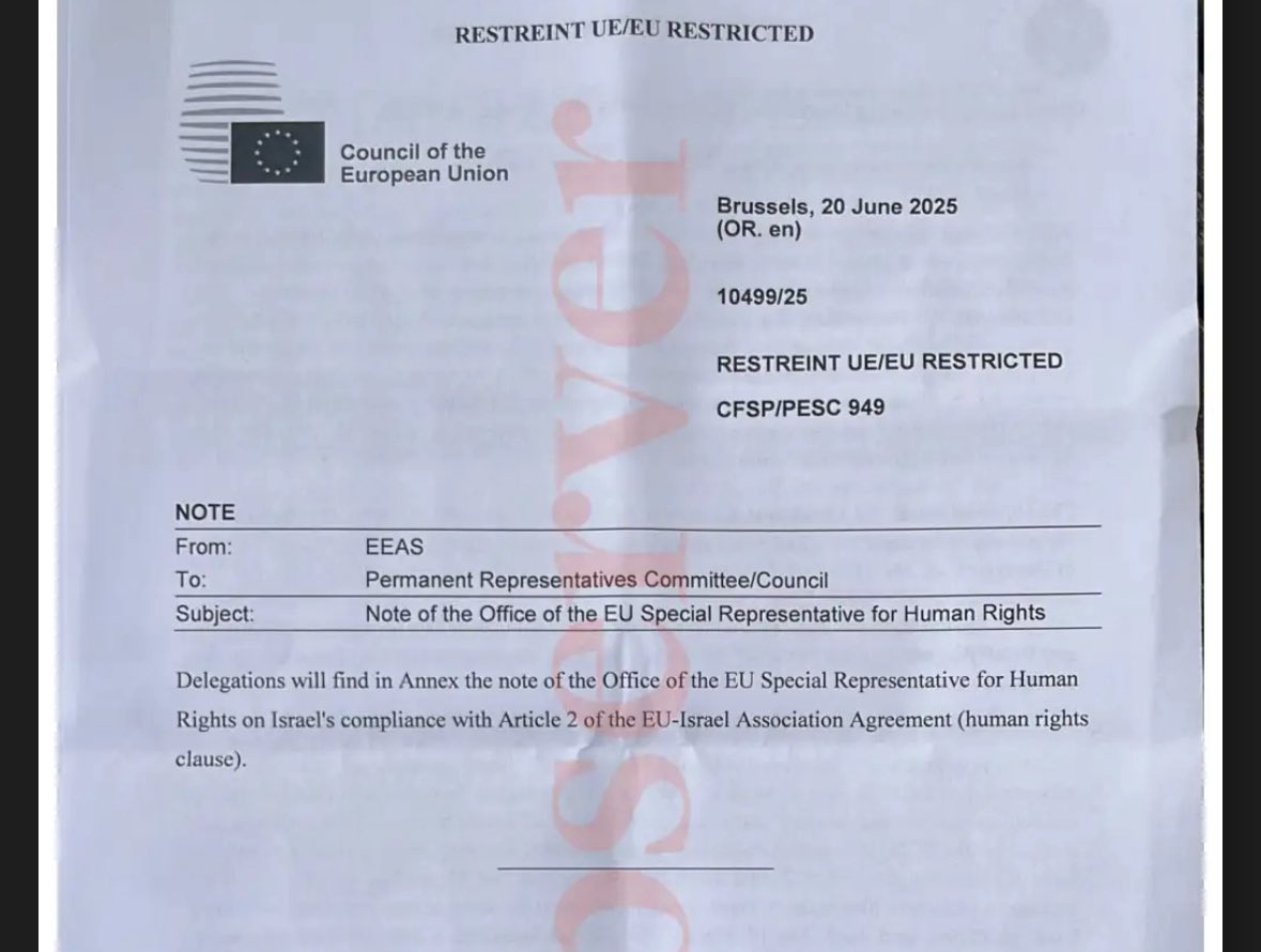 Link to full EU leaked report on the Association Agreement with Israel
and major breaches of human rights and international law, including “starvation, torture, indiscriminate attacks and apartheid.” The EU will discuss the agreement on Monday. drive.google.com/file/d/15nlwBv…