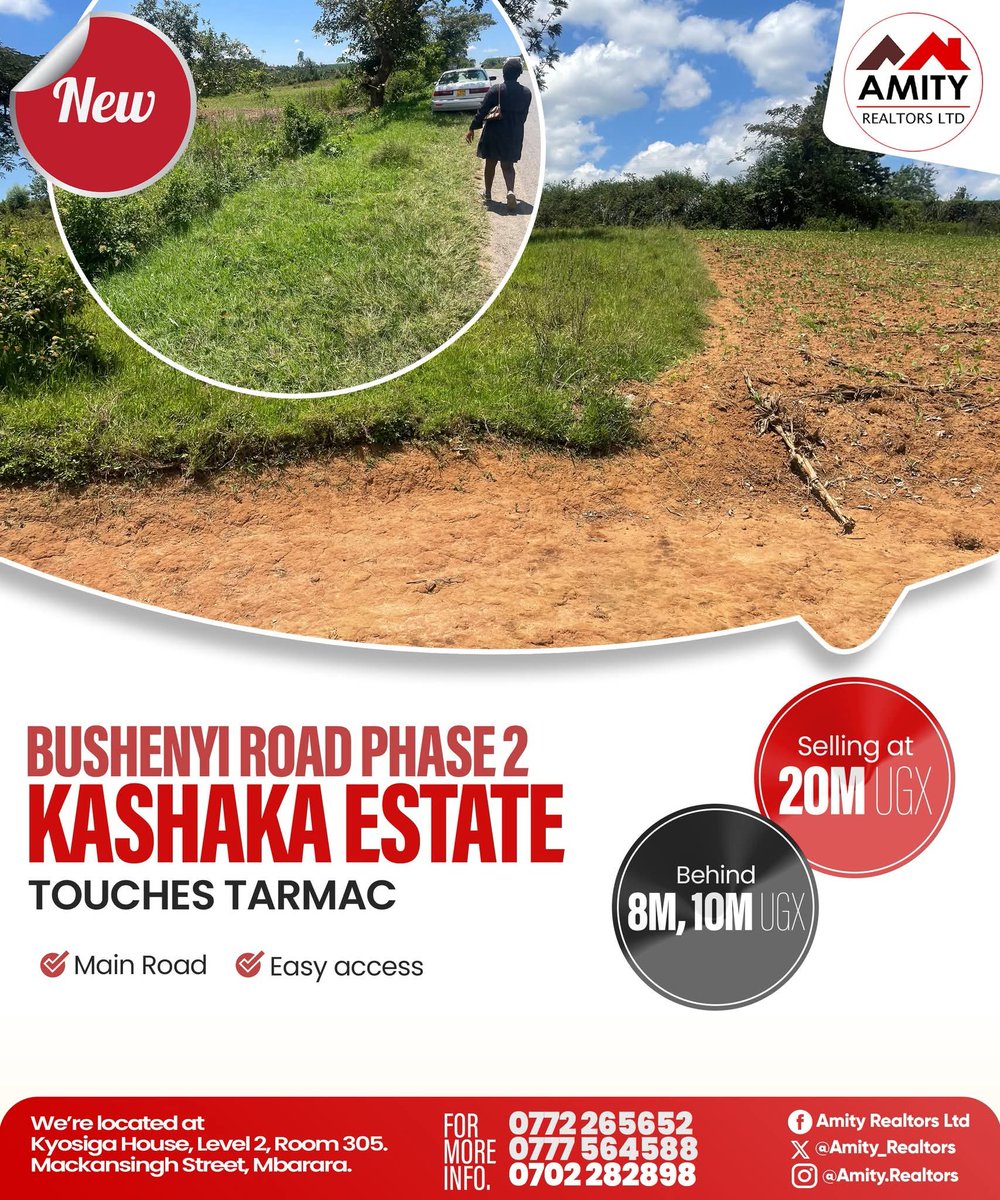 Discover Kashaka Estate. Mbarara's hidden gem.
Scenic views | Tarmac access Ready plots

Perfect for your dream home or smart investment.Limited plots available!
Call Amity Realtors today
#KashakaEstate #MbararaHomes #RealEstateUganda #AmityRealtors