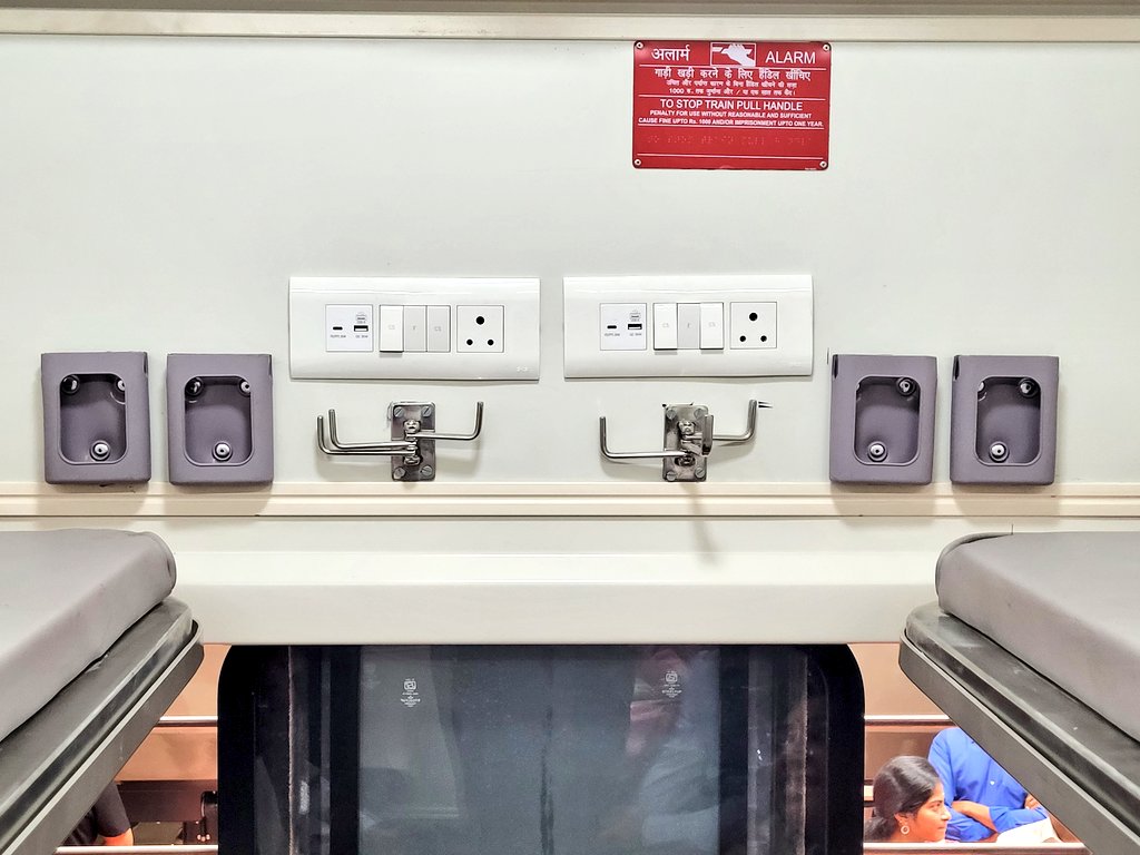 The look of the General Class of Amrit Bharat rake Ver 2.0 with better cushioned seats. The upper berth has cushion while it was more a luggage rack in the normal rake. Two charging points, 4 mobile pouches and even USB ports have been provided for the first time. #IndianRailways