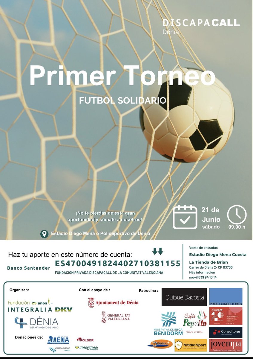⚽️ 1er Torneo Solidario en Dénia por <a href="/aprosdeco_/">APROSDECO</a> 💙
Hoy en el Diego Mena: fútbol que suma, fútbol que ayuda. <a href="/DeniaAyun/">Ayuntamiento Denia</a> 
#TorneoSolidario #Dénia