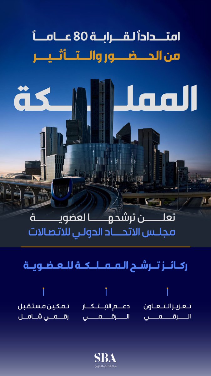 امتدادًا لقرابة 80 عامًا من الحضور والتأثير؛ المملكة تعلن ترشحها لعضوية مجلس الاتحاد الدولي للاتصالات.
⁧#الابتكار_لمستقبل_ذكي⁩ 
#هيئة_الإذاعة_والتلفزيون⁩