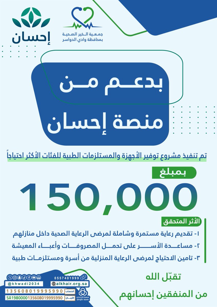 بدعم من منصة إحسان <a href="/EhsanSA/">منصة إحسان</a> تم تنفيد مشروع توفير الأجهزة والمستلزمات الطبية للفئات الأكثر احتياجا محققين العديد من الأهداف   في تأمين الاحتياج ومساعدة أسر المرضى في تقديم الرعاية الصحية الشاملة