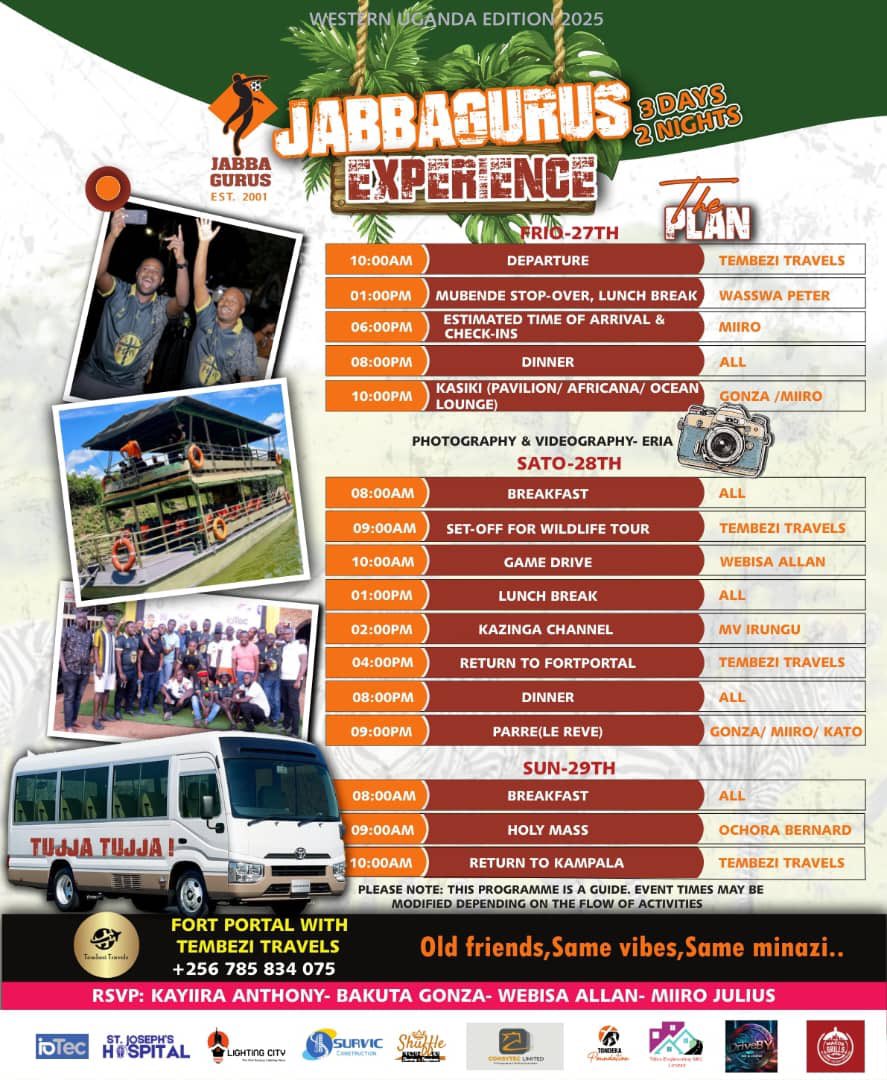 JabbaGurus's tweet photo. It’s giving:
Monday – pack
Tuesday – vibe
Wednesday – pretend to work
Thursday – disappear
Friday – Fort Portal takeover
#JabbagurusExperience
#JabbagurusExperience2025 https://t.co/tXBnYlWk3Z