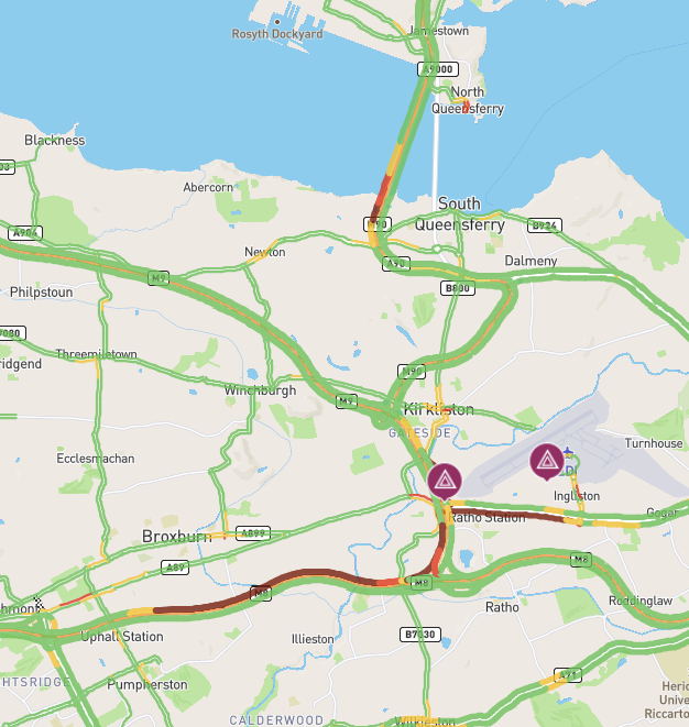 ❗️RHS UPDATE 🕐11:20

🚗#M9 off-Slip to Newbridge is still backing up onto the main carriageway. Travel time (Appx) 15 mins

🚗#M8 Eastbound is queing around J2 and ontowards Newbridge. Travel time from J3 (Appx) 30 mins.  

🚗#A8 Glasgow Road really heavy in both directions.