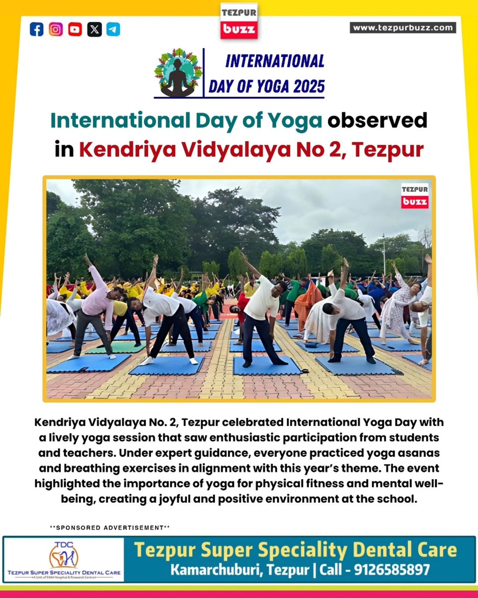 Kendriya Vidyalaya No. 2, Tezpur observed International Yoga Day with a vibrant yoga session attended by students and staff. Guided by experienced instructors, participants practiced a variety of yoga postures and pranayama in accordance with this year’s theme.