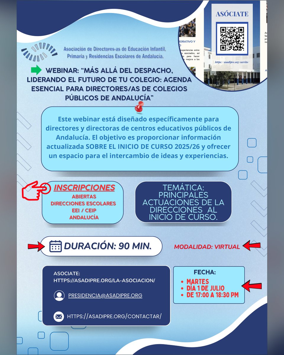 Estimados compañeros!
Lanzamos un año más formación para directores noveles o no tan noveles que quieran actualizarse para el comienzo del nuevo curso. Estáis  invitad@s, seas o no asociado. Apuntaros en el enlace que encontrarás pinchando en inscripción..
Nos vemos el día 1!!!