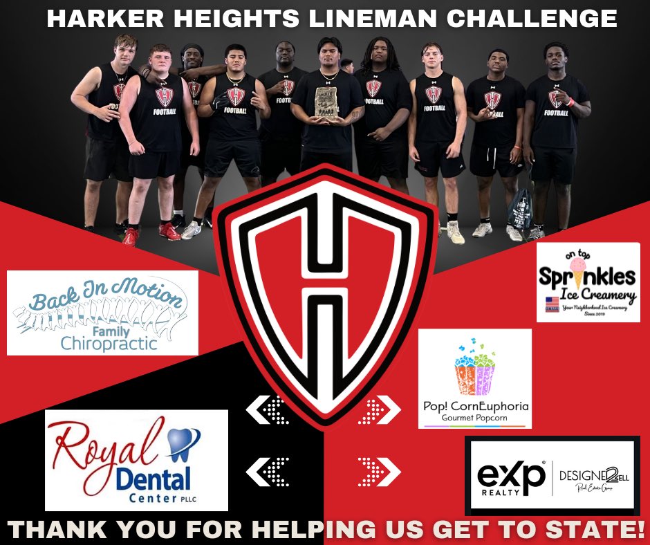 Harker Heights Football (@hhknights_fb) on Twitter photo Thank you to our supporters helping us get to the State Lineman Challenge 🏆
#RepTheShield 🛡️#HonorHeights ⚔️
<a href="/BurlesonHSU/">Burleson</a> <a href="/Retorres70/">Ricky Torres M. SA</a>
<a href="/BigBodyBusines1/">Big Body Business</a>
<a href="/HSUCowboys/">Hardin-Simmons Cowboy Football</a> Thank you to our supporters helping us get to the State Lineman Challenge 🏆
#RepTheShield 🛡️#HonorHeights ⚔️
<a href="/BurlesonHSU/">Burleson</a> <a href="/Retorres70/">Ricky Torres M. SA</a>
<a href="/BigBodyBusines1/">Big Body Business</a>
<a href="/HSUCowboys/">Hardin-Simmons Cowboy Football</a>