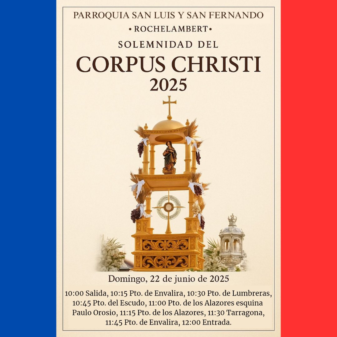 🔵🔴 CORPUS CHRISTI 🔴🔵 

Mañana, 22 de junio,  tras la Santa Misa de 9:00 h, invitamos a todos los fieles a participar en el cortejo de la Procesión de Corpus Christi que discurrirá por las calles de nuestra feligresía, entregándole su cirio al término de la Eucaristía.