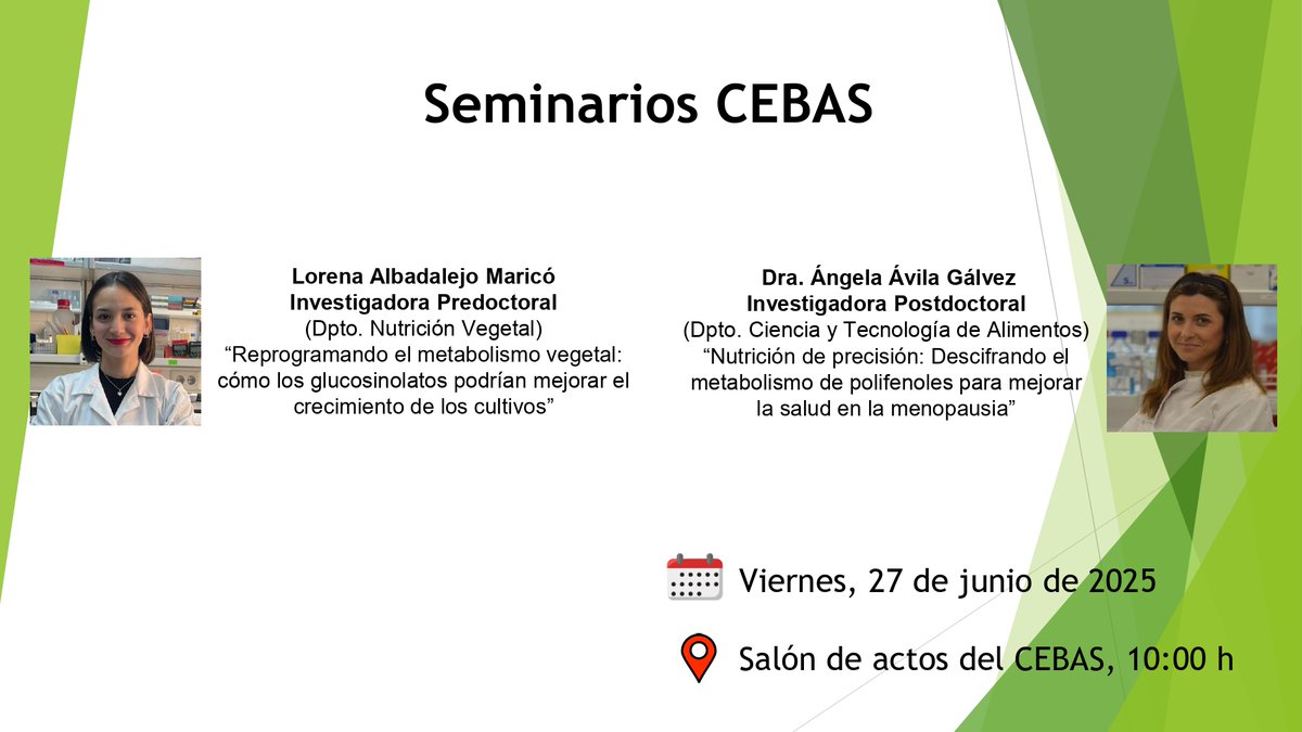 SEMINARIO |  Este viernes cerramos  nuestras sesiones  ¡Anota!

🕔 10 horas
📍Salón de actos 

🗣️ Lorena Albaladejo y la reprogramación del metabolismo vegetal para mejorar los cultivos 🍋

🗣️ Ángela Ávila y la nutrición de precisión para mejorar la salud en la menopausia 👩