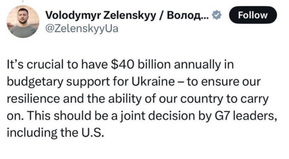 UKRAINE: If you can’t survive as a nation on your own perhaps you ought not be an independent nation. Zelensky can’t afford to run Ukraine the way he’s running it now. The G7 ought not to enable him. Short term aid is fine, but demanding $40 billion indefinitely is ridiculous.