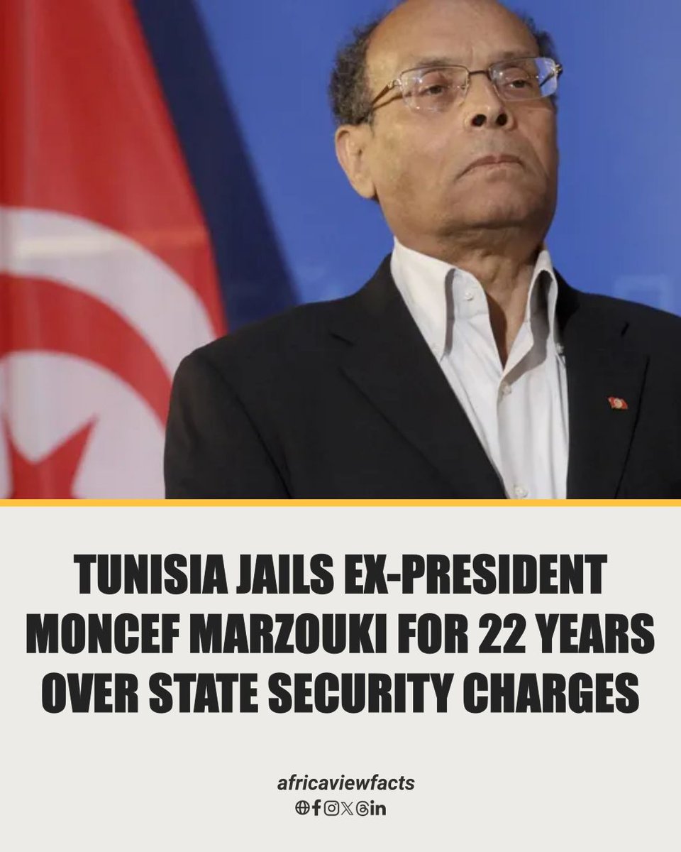 Tunisian 🇹🇳 court has sentenced former President Moncef Marzouki to 22 years in prison in absentia for allegedly threatening state security.