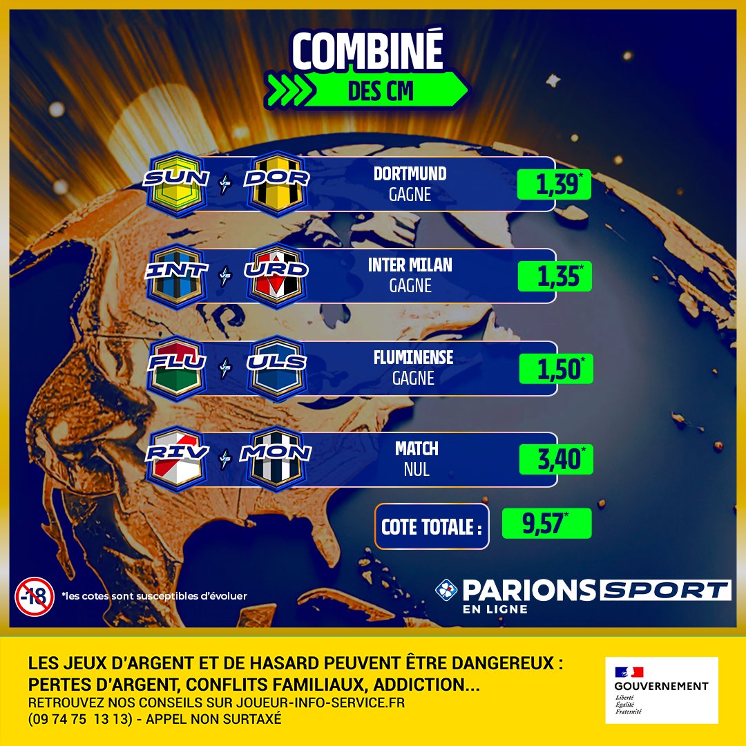 Les CM vous proposent leur combi sur cette nouvelle journée de CDM des Clubs ! 🤝 #FIFACWC

5x20€ de Freebets à gagner ça fait 3/4. Pour jouer :
1️⃣ RT
2️⃣ Follow

📆 TAS le 22/06
📃 Règlement : bit.ly/40pQpqn