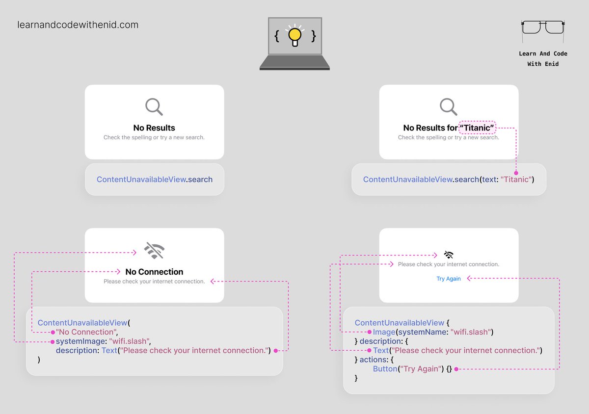 ios_dev_alb's tweet image. SwiftUI Tip 💡

ContentUnavailableView lets us display customizable placeholder content when there’s no data to show - such as “No results found” or “No internet connection.”

(iOS 17.0+)