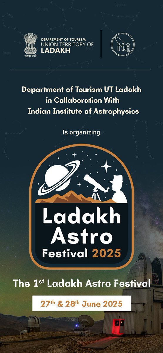 Ladakh Tourism (@utladakhtourism) on Twitter photo #LadakhAstroFestival2025!
There is no better place than Ladakh for astrophiles or stargazers, who enjoy observing the night sky and celestial objects. And what better news for them than the holding of the first Ladakh Astro Festival 2025 by <a href="/utladakhtourism/">Ladakh Tourism</a> & <a href="/IIABengaluru/">IIAstrophysics</a> #LadakhAstroFestival2025!
There is no better place than Ladakh for astrophiles or stargazers, who enjoy observing the night sky and celestial objects. And what better news for them than the holding of the first Ladakh Astro Festival 2025 by <a href="/utladakhtourism/">Ladakh Tourism</a> & <a href="/IIABengaluru/">IIAstrophysics</a>