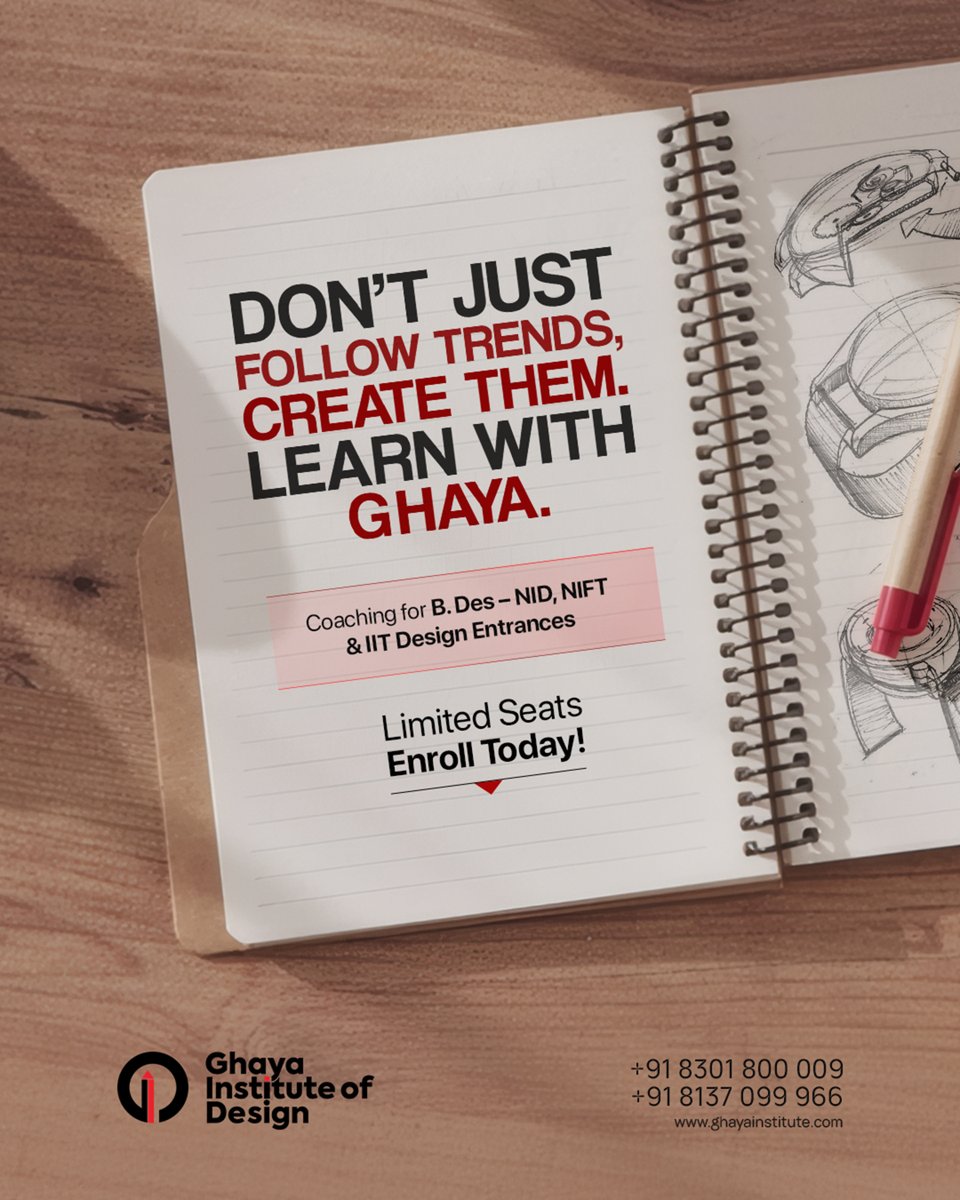 ghayainstitute's tweet photo. Don’t Just Follow Trends, Create Them!
Dreaming of NID, NIFT, or IIT Design entrances?
Join Ghaya Institute of Design 
#DesignYourFuture #NIDCoaching #NIFTPreparation #IITDesign #BDesCoaching #DesignEntranceExam #GhayaInstitute #LearnDesign #CreativeCoaching https://t.co/903HzwcWxO