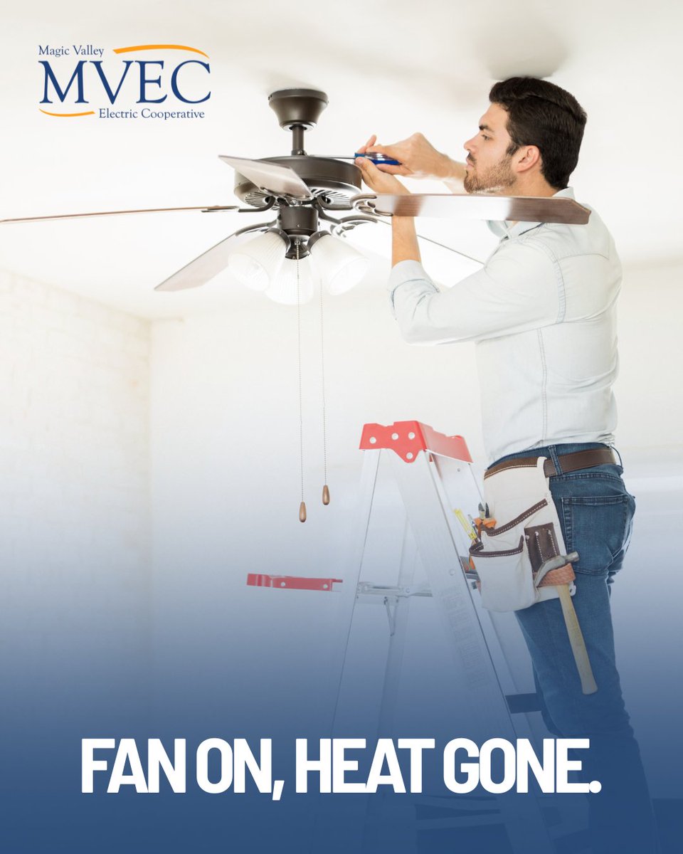MagicValleyEC's tweet image. Keep cool and save energy this summer! ☀️ 

 Running your ceiling fan (counterclockwise) can make a room feel cooler, letting you dial up that thermostat a few degrees. #EnergySavingTips 

  #SummerTips #MVEC