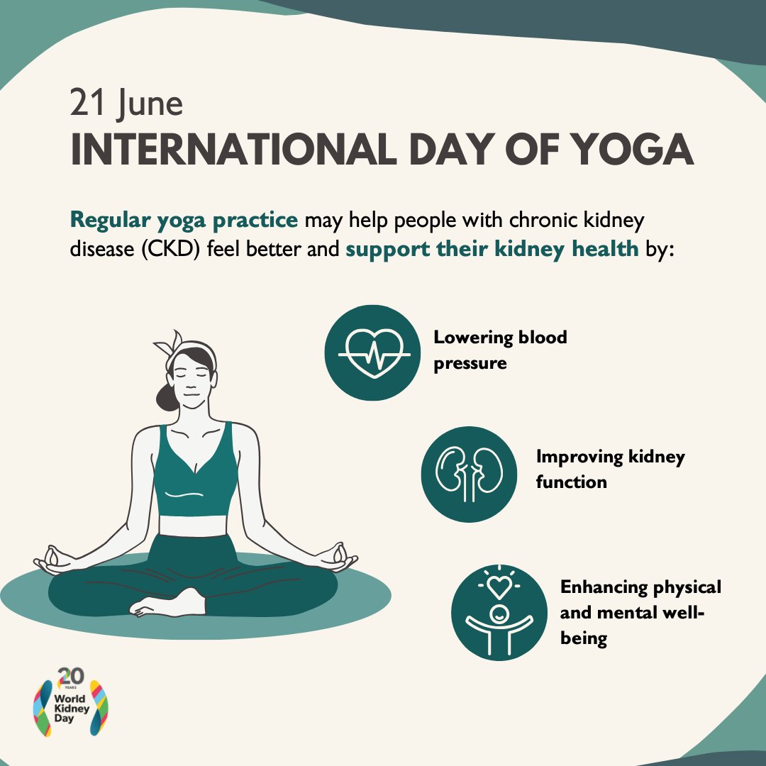This International Yoga Day, support your kidneys through movement, breathwork, and meditation.
Yoga can help lower blood pressure, support kidney function, and boost well-being in people with CKD.
Learn more : pmc.ncbi.nlm.nih.gov/articles/PMC52…

#WorldKidneyDay #AreYourKidneysOK