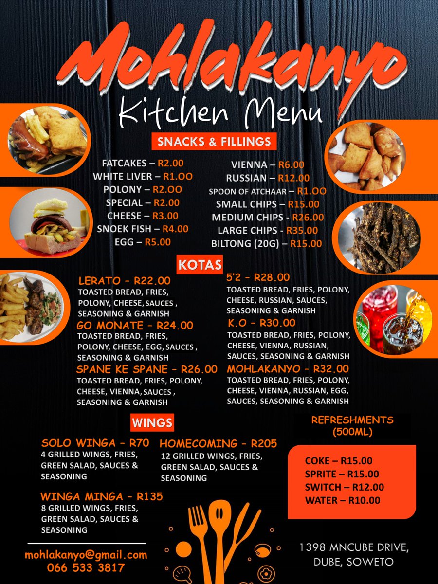 Mohlakanyo Kitchen 👩🏾‍🍳| Proudly introducing our new menu. 

Fatcakes, kotas, wings, and cold refreshments made with love &amp; local flavour. Mohlakanyo is growing, come taste the change! 🍽️