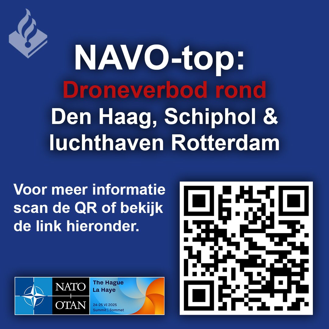 Droneverbod rond Den Haag, Schiphol en luchthaven Rotterdam. 

Meer informatie: tinyurl.com/4dvjze8s

#Politie #Drone #Natosummit #NavoTop