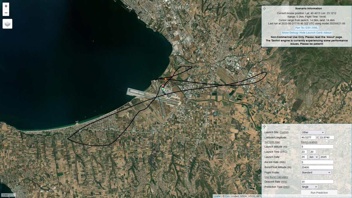 Landing prediction of the <a href="/EMY_HNMS/">EMY</a> radiosonde that will be released on June 22 from Thessaloniki Makedonia airport (LGTS), 🇬🇷. Only a few meters away from the release site! 😲
I fiddled a bit with the burst altitude (added 400 m), but who knows exactly? 😆 <a href="/KolydasT/">Theodoros Kolydas</a>