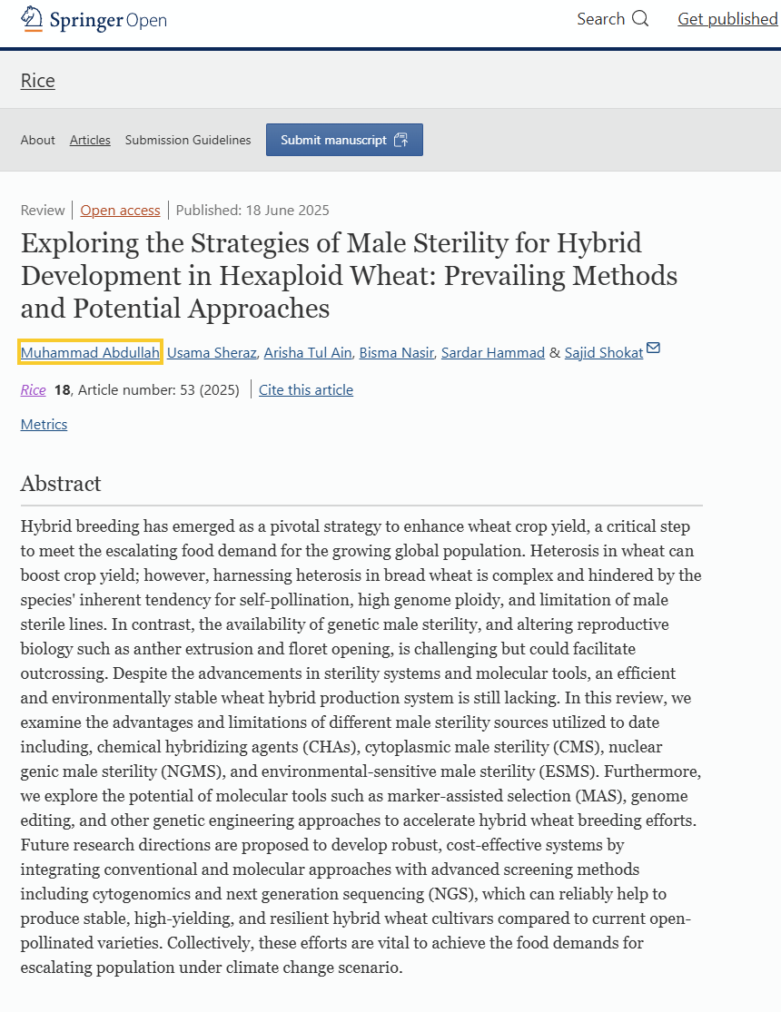 MAbdullah7589's tweet photo. Just published! 🚨
Our review on male sterility &amp; hybrid wheat breeding is now out in Springer.
From CMS &amp; GMS to CRISPR &amp; cytogenomics, we covered it all.
🌾 Read it here ➡️ https://t.co/ocN5f5F7Bb
#PlantScience #Wheat #HybridBreeding #CRISPR #CropGenetics https://t.co/ptUIbdeQtF