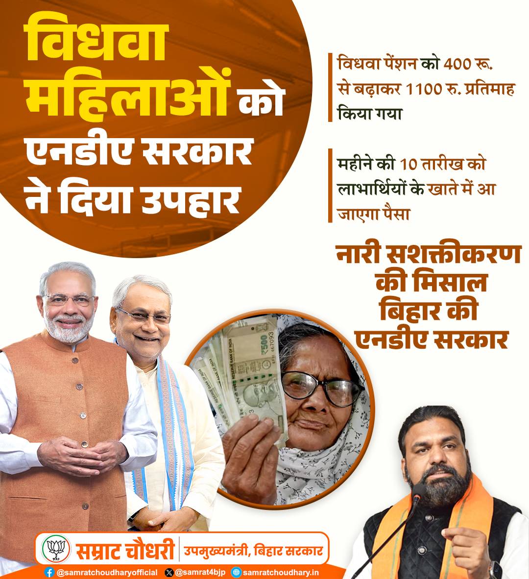 बिहार सरकार द्वारा विधवा पेंशन को 400 रु. से बढ़ाकर 1100 रु. प्रतिमाह किया गया।
महिलाओं के आर्थिक सुरक्षा को प्रतिबद्ध है एनडीए सरकार।

#WidowPension #Bihar #NDAGovt #NitishKumar