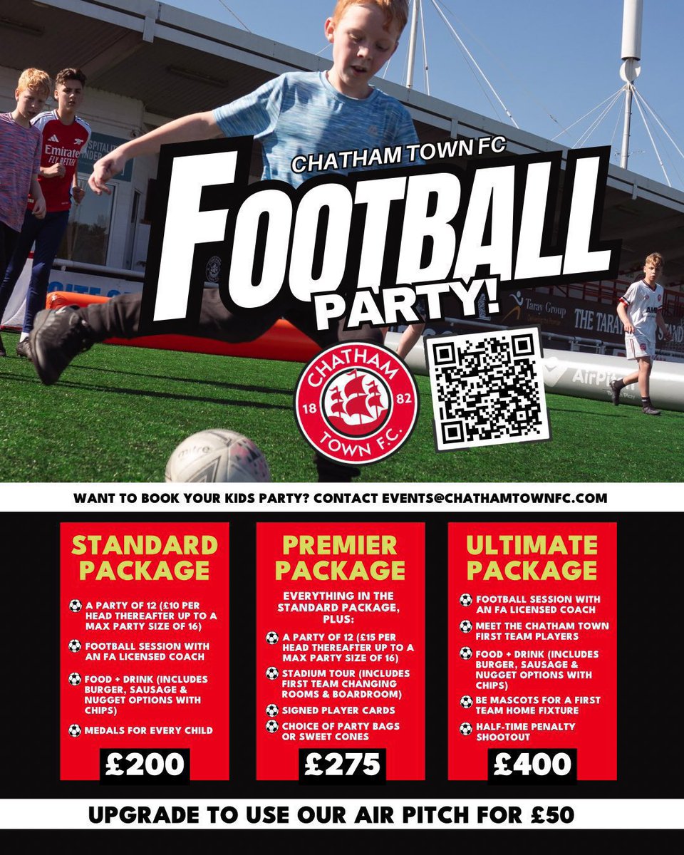 Chatham Town (@chathamtownfc) on Twitter photo 🎉 Host the ultimate football party for your child at Chatham Town! Fun, excitement, and stress-free planning – we’ve got it covered! 🥳
Plus, you can now upgrade to use our Air Pitch! 😎
Book today for an unforgettable day! ✨
📞 07365 168442
📧 events@chathamtownfc.com 🎉 Host the ultimate football party for your child at Chatham Town! Fun, excitement, and stress-free planning – we’ve got it covered! 🥳
Plus, you can now upgrade to use our Air Pitch! 😎
Book today for an unforgettable day! ✨
📞 07365 168442
📧 events@chathamtownfc.com