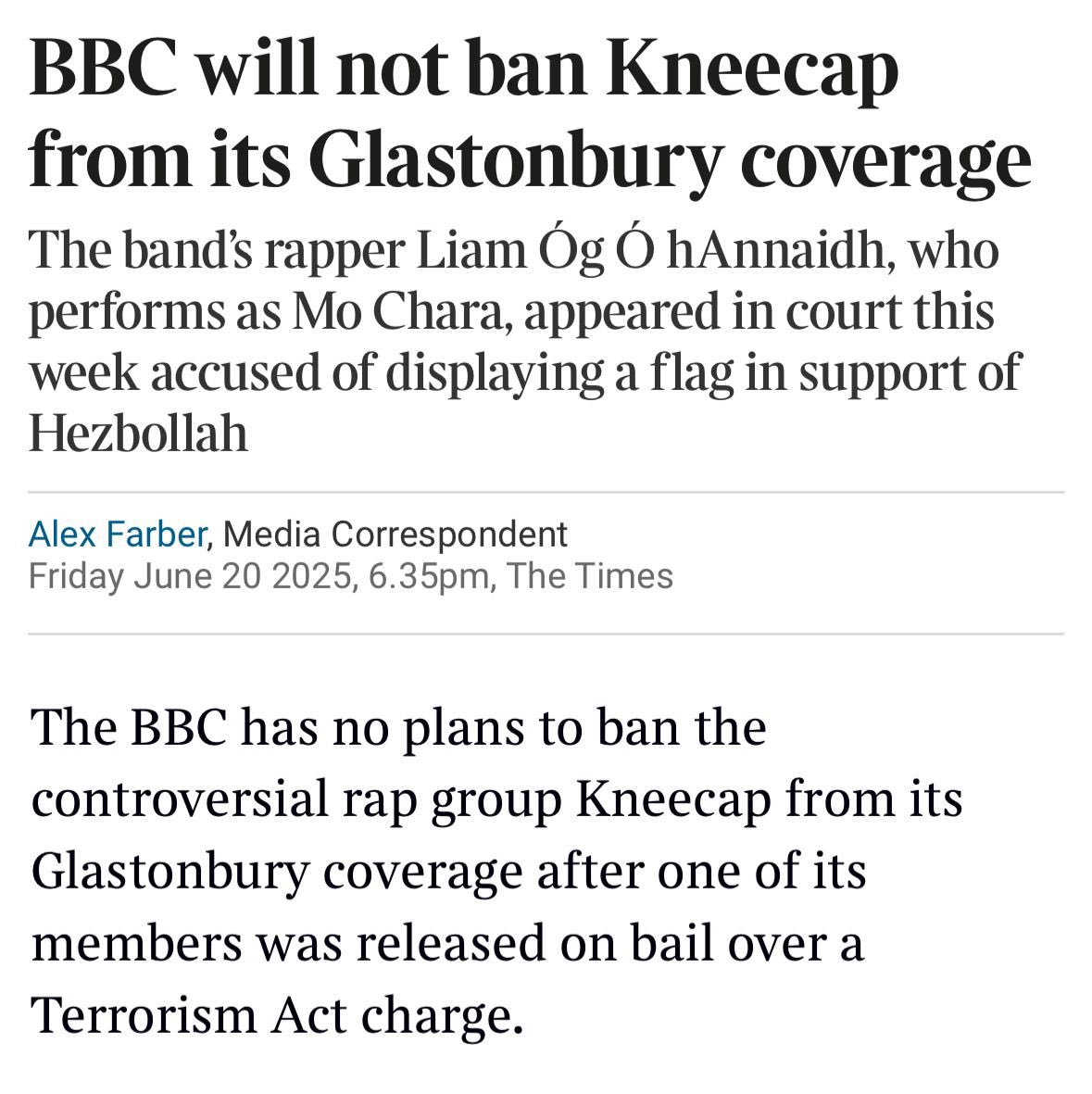 KemiBadenoch's tweet image. The BBC should not be showing Kneecap propaganda. 

One Kneecap band member is currently on bail, charged under the Terrorism Act. 

As a publicly funded platform the BBC should not be rewarding extremism.