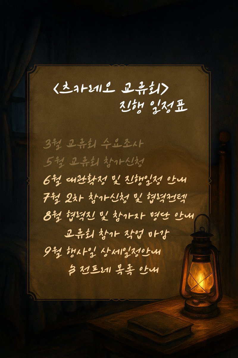 안녕하세요.
츠카레오 교류회 입니다.

기다리시던 대관절차가 완료되었다는 소식을 전해드립니다!
대관장소는 합정역 8번출구 인근 으로 확정 되었습니다 :)
세부 장소는 행사가 개최되는 9월 초 다시한번 안내해드립니다.

이후 일정은 아래 첨부된 이미지를 확인 하시면 감사하겠습니다.
