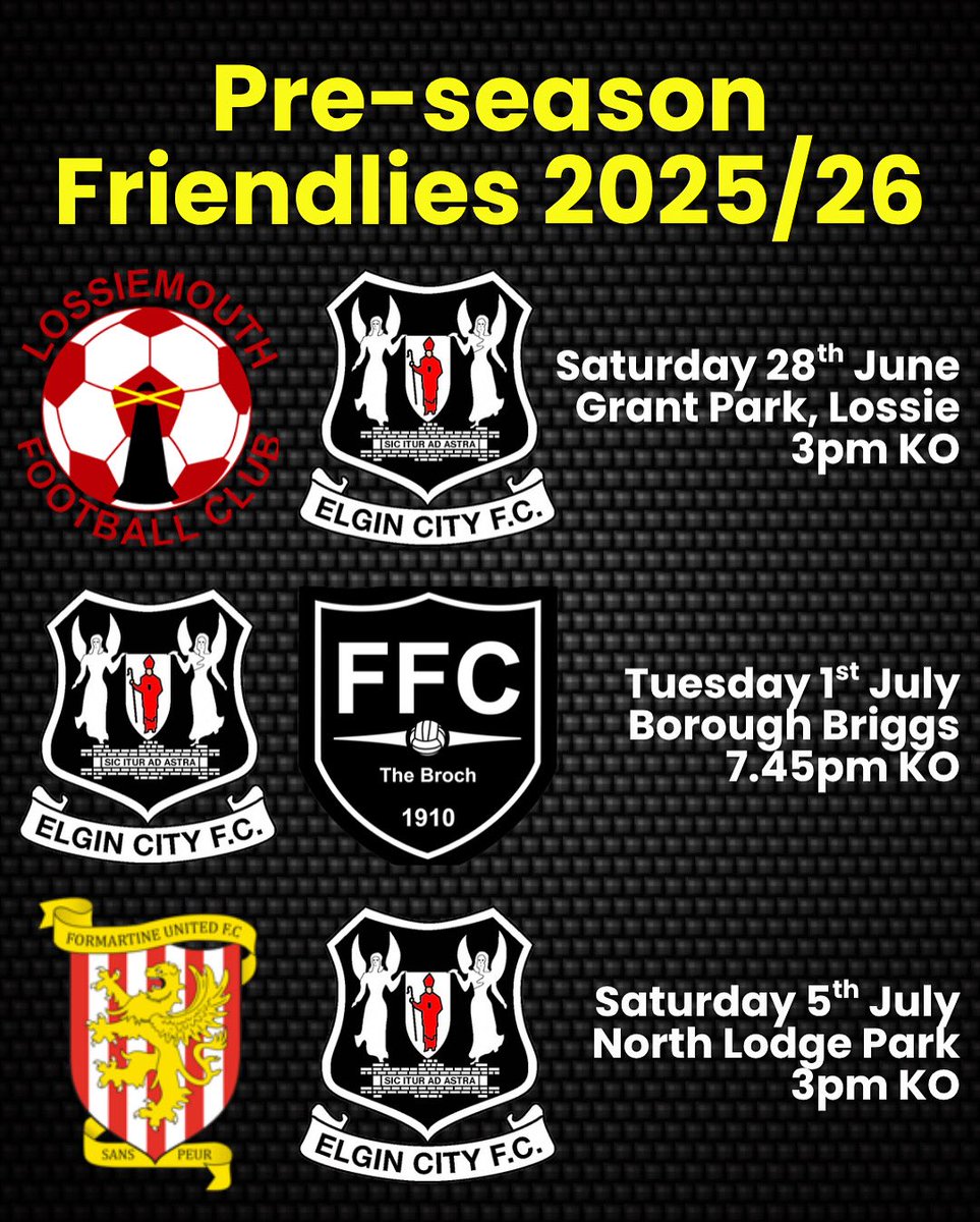 𝟳 𝗱𝗮𝘆𝘀 𝘁𝗼 𝗴𝗼

Next Saturday we return to action when we face Lossiemouth FC at Grant Park, for Liam &amp; Ross Archibald’s testimonial

We follow this up on Tuesday night when we face Fraserburgh at Borough Briggs

Finishing with a trip to Pitmidden to face Formartine United