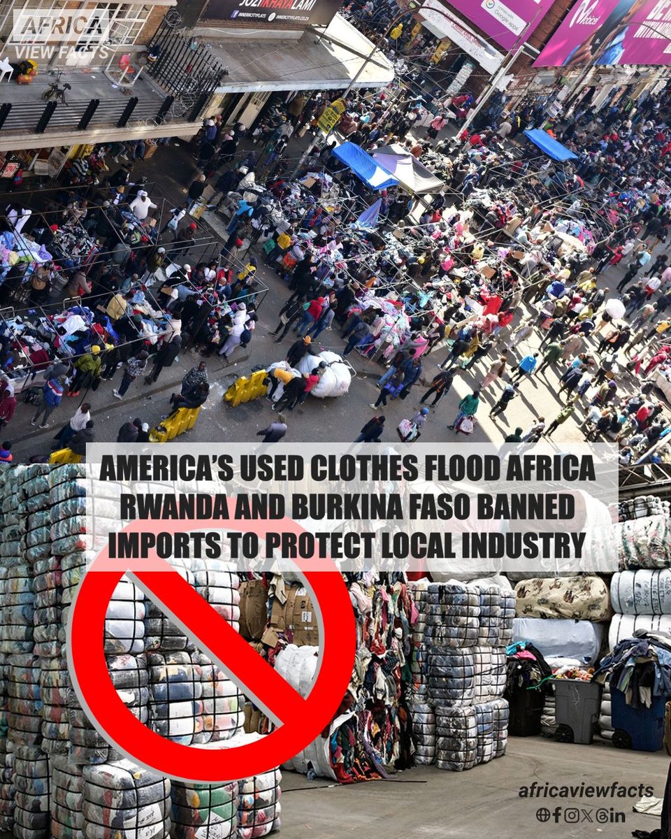 Second-hand used clothes are banned in Burkina Faso 🇧🇫 and Rwanda 🇷🇼. 

The United States exports about 700,000 tonnes of used clothes each year, with many sent to African countries. 

These clothes are usually donated or collected for recycling, then sorted and sold in bulk.