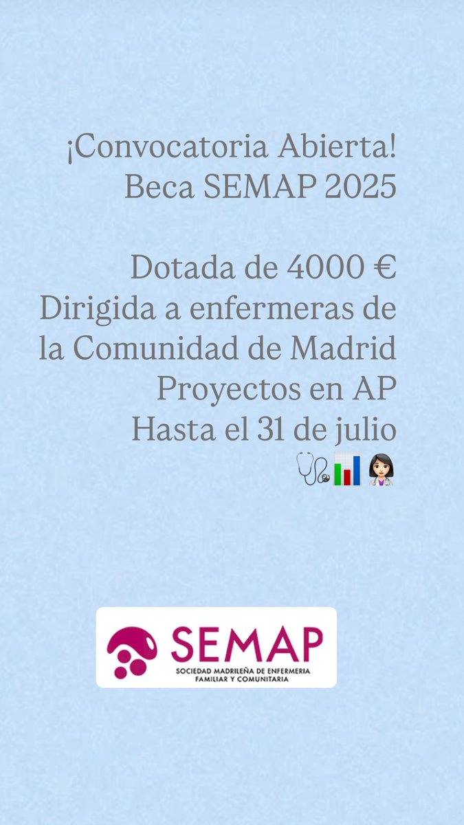 Para impulsar el avance de la EFYC SEMAP convoca nuevamente su beca de investigación, dotada con 4.000 euros, para proyectos en AP en Madrid. 
Tienes hasta el 31/07 para optar a la beca. Consulta las bases de la convocatoria y ¡participa! #InvestigaciónEnfermera #SEMAP #AP
