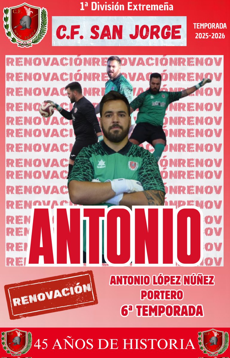 RENOVACIÓN 🔴⚪

Antonio seguirá defendiendo nuestra portería en esta nueva temporada.

Liderazgo, reflejos y seguridad bajo palos.

¡Vamos <a href="/Ant_lop/">Antonio López</a> 💪🏼!

Aúpa San Jorge 🔴⚪