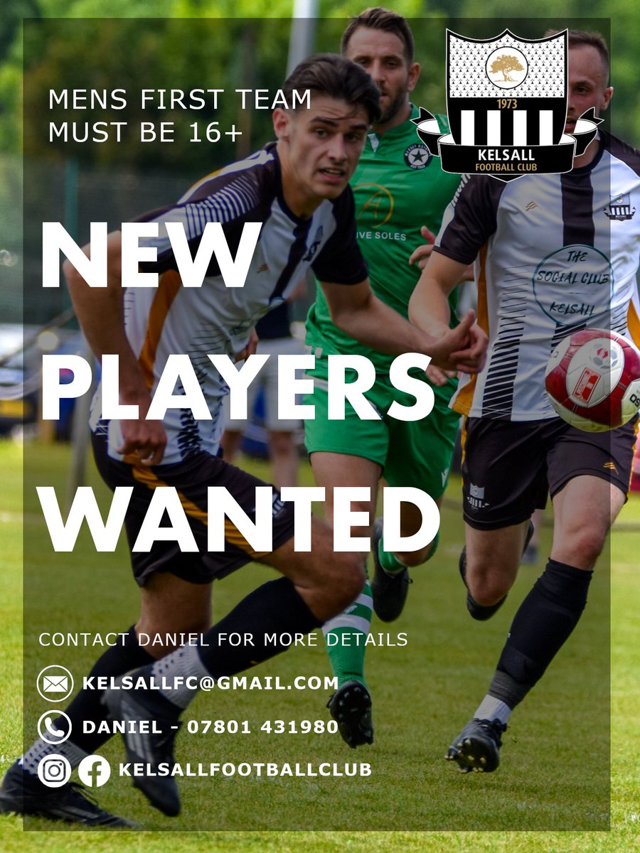 Kelsall Football Club (@kelsall_fc) on Twitter photo 📢 We’re Recruiting!
Kelsall FC First Team is looking for new players ahead of the 2025/26 season!
🔗 Get in touch and join the journey.
📧 kelsallfc@gmail.com
📞 Daniel – 07801 431980
#WeAreKelsall #FieldOfDreams #GrassrootsFootball #JoinTheSquad #WCL25 📢 We’re Recruiting!
Kelsall FC First Team is looking for new players ahead of the 2025/26 season!
🔗 Get in touch and join the journey.
📧 kelsallfc@gmail.com
📞 Daniel – 07801 431980
#WeAreKelsall #FieldOfDreams #GrassrootsFootball #JoinTheSquad #WCL25
