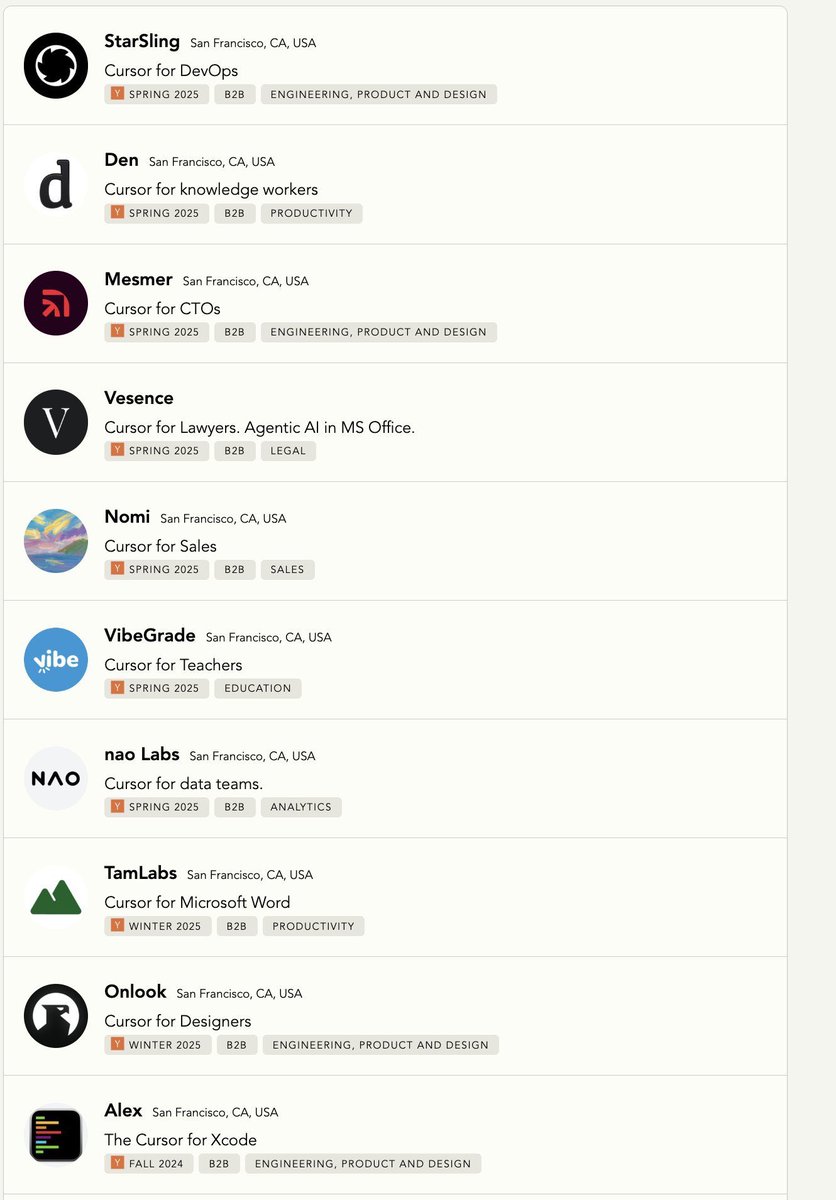 Shreyas Gite (@shreyasgite) on Twitter photo What’s going on at YC? Cursor for X is the new thing apparently!
Discovered by <a href="/jakubcielik1/">kuba cieslik</a> What’s going on at YC? Cursor for X is the new thing apparently!
Discovered by <a href="/jakubcielik1/">kuba cieslik</a>