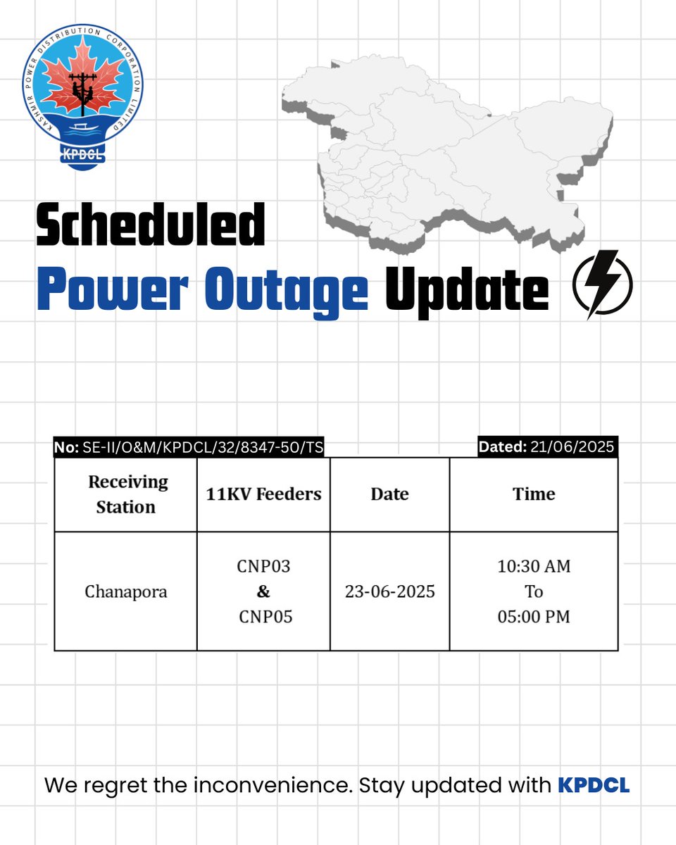 Official account of KPDCL (@kpdclofficial) on Twitter photo Scheduled Power Shutdown Update of 11KV Chanapora CNP03, CNP05 Feeders.
Stay prepared!
We regret the inconvenience caused.
#KPDCL #SHUTDOWN
<a href="/CM_JnK/">Office of Chief Minister, J&K</a> <a href="/OfficeOfLGJandK/">Office of LG J&K</a> <a href="/diprjk/">Information & PR, J&K</a> <a href="/nasirsogami/">Nasir Sogami</a> <a href="/DivComKash/">Divisional Commissioner Kashmir</a> <a href="/GreaterKashmir/">Greater Kashmir</a> <a href="/RisingKashmir/">Rising Kashmir</a> Scheduled Power Shutdown Update of 11KV Chanapora CNP03, CNP05 Feeders.
Stay prepared!
We regret the inconvenience caused.
#KPDCL #SHUTDOWN
<a href="/CM_JnK/">Office of Chief Minister, J&K</a> <a href="/OfficeOfLGJandK/">Office of LG J&K</a> <a href="/diprjk/">Information & PR, J&K</a> <a href="/nasirsogami/">Nasir Sogami</a> <a href="/DivComKash/">Divisional Commissioner Kashmir</a> <a href="/GreaterKashmir/">Greater Kashmir</a> <a href="/RisingKashmir/">Rising Kashmir</a>