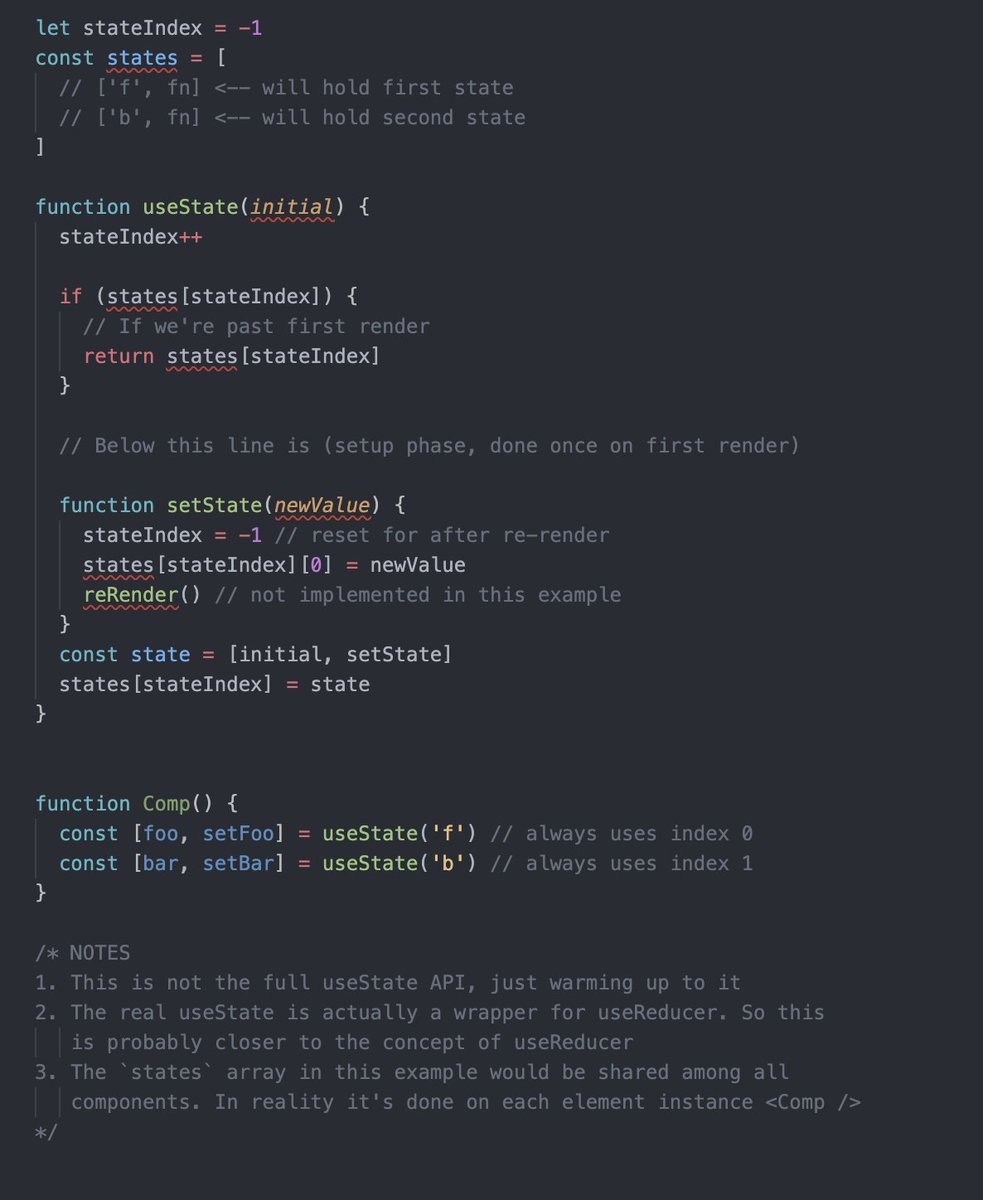 This is conceptually how hooks store their values in arrays to ensure re-rendering grabs the same value of the same hook next time when you keep them in order. It's not the "real" implementation, it's a teaching tool for those not understanding the general concept of hooks