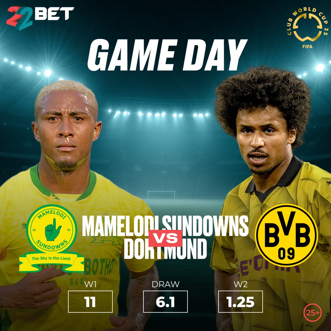 🌍 African Giants Mamelodi Sundowns 🟡 are huge underdogs facing off German powerhouse 🟨Dortmund tonight. 

Who will you be backing to win?

Kwata #BestOdds wano 👉 22Best.org/x

#22BetAlwaysPays #FIFACWC