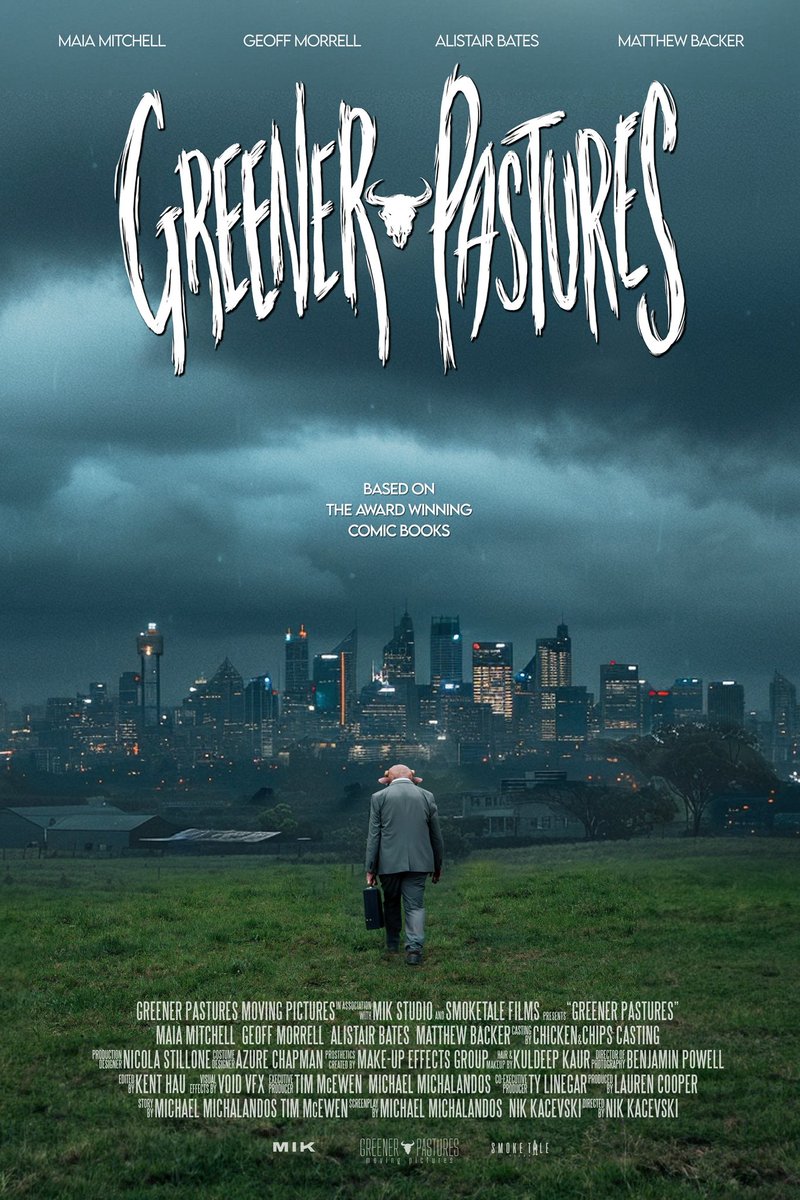 Second poster reveal for our short film. 
NEWS FLASH! First full trailer coming soon! 
PRODUCTION UPDATE: Edit is locked. VFX, soundtrack, sound design and mix are proceeding. Looking gooooood! 
#GreenerPasturesComics #GreenerPastures #GreenerPasturesShortFilm #mooo!