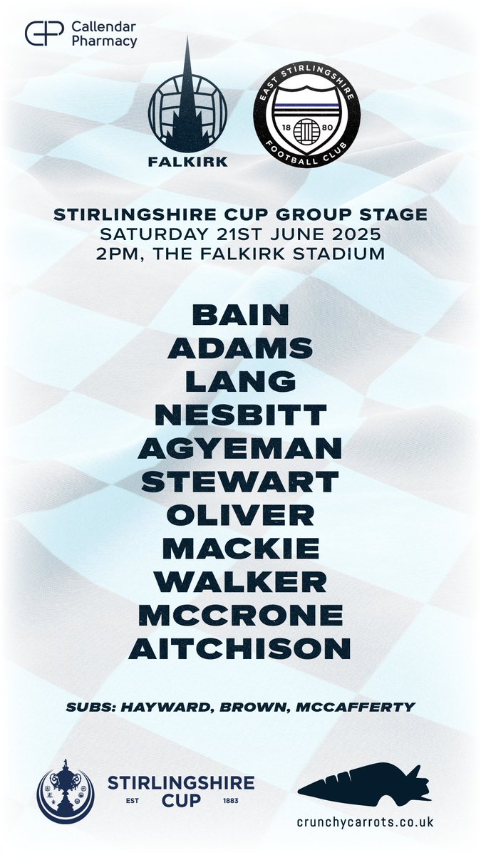 🆚 Here's how The Bairns line up for our second game of the day, brought to you by Callendar Pharmacy!

There's another debutant this afternoon, as Scott Bain starts in goals.

#COYB