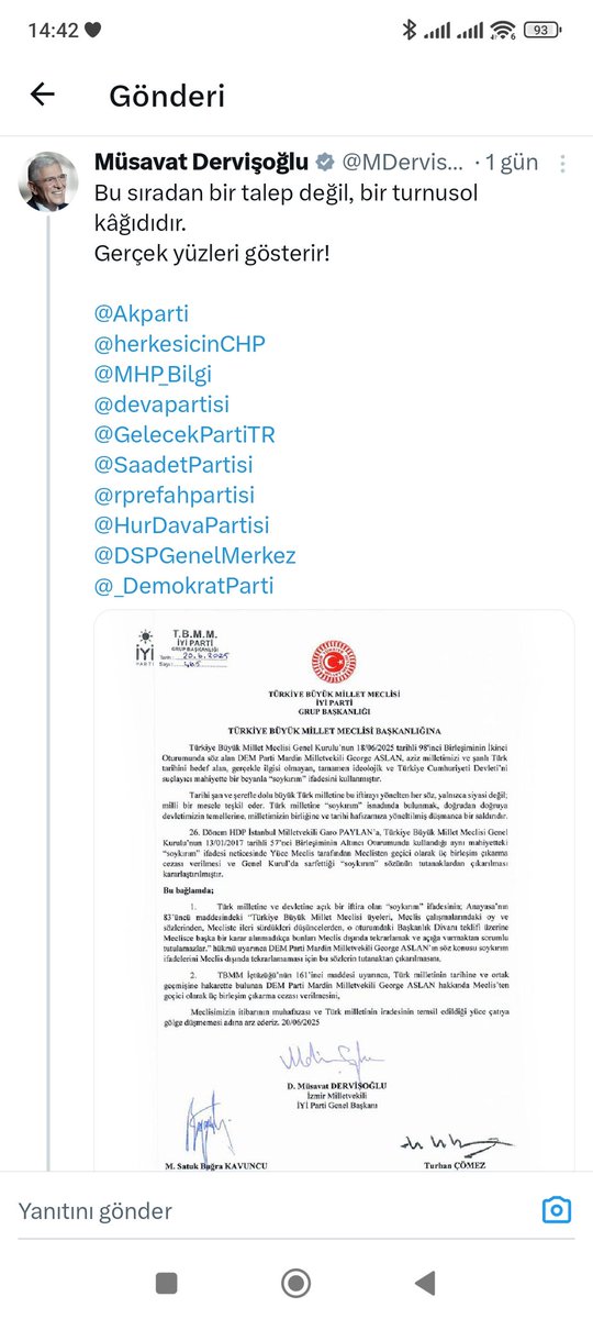 OKTAY YILDIRIM (@__oktayyildirim) on Twitter photo Kuşkusuz bu haddini bilmez milletvekiline karşı gösterilen tepki takdire değer, ama yanıldığınız bir nokta var <a href="/MDervisogluTR/">Müsavat Dervişoğlu</a>, asıl turnusol kağıdı bu değil Sırrı Süreyya Önder'in <a href="/sirsureyya/">Sırrı Süreyya Önder</a>'nın hastane süreciydi. "Siyaseten birbirimize karşı olabiliriz ama insani olarak" diye Kuşkusuz bu haddini bilmez milletvekiline karşı gösterilen tepki takdire değer, ama yanıldığınız bir nokta var <a href="/MDervisogluTR/">Müsavat Dervişoğlu</a>, asıl turnusol kağıdı bu değil Sırrı Süreyya Önder'in <a href="/sirsureyya/">Sırrı Süreyya Önder</a>'nın hastane süreciydi. "Siyaseten birbirimize karşı olabiliriz ama insani olarak" diye