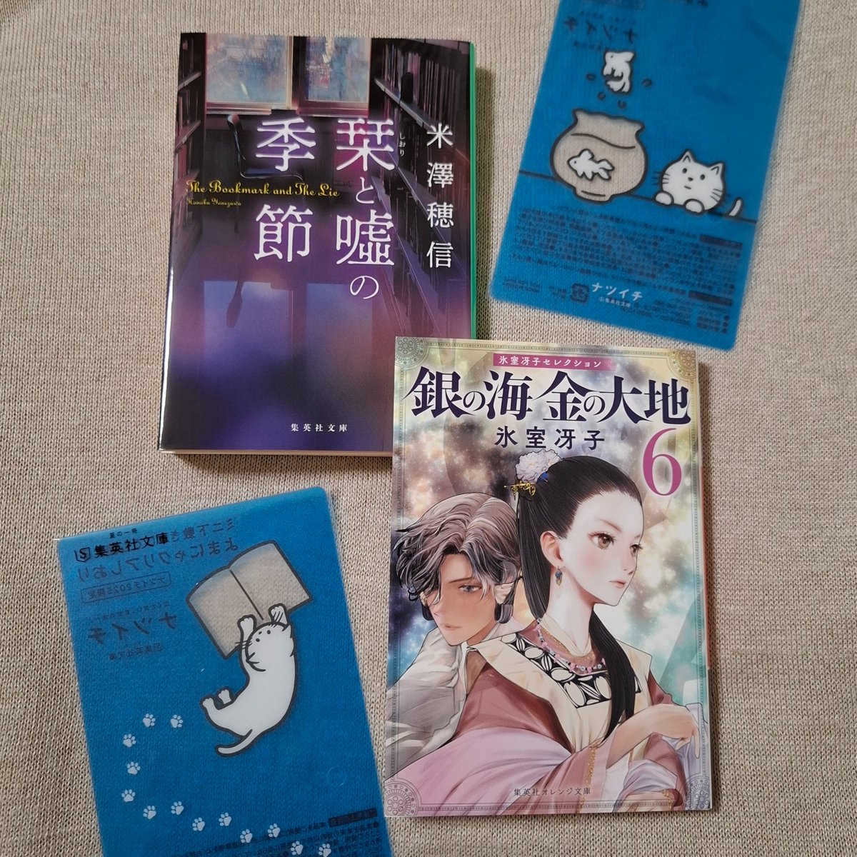 #今日買った本を紹介する

『栞と噓の季節』米澤穂信
　#ナツイチ に合わせて待望の文庫化では？とヤマ張っていました🎯

『銀の海 金の大地 ６』氷室冴子
　１月からの連続刊行、毎月ちゃんと買っています👍

フェア設営はまだでしたが、クリアしおりはレジでいただけました🥰
