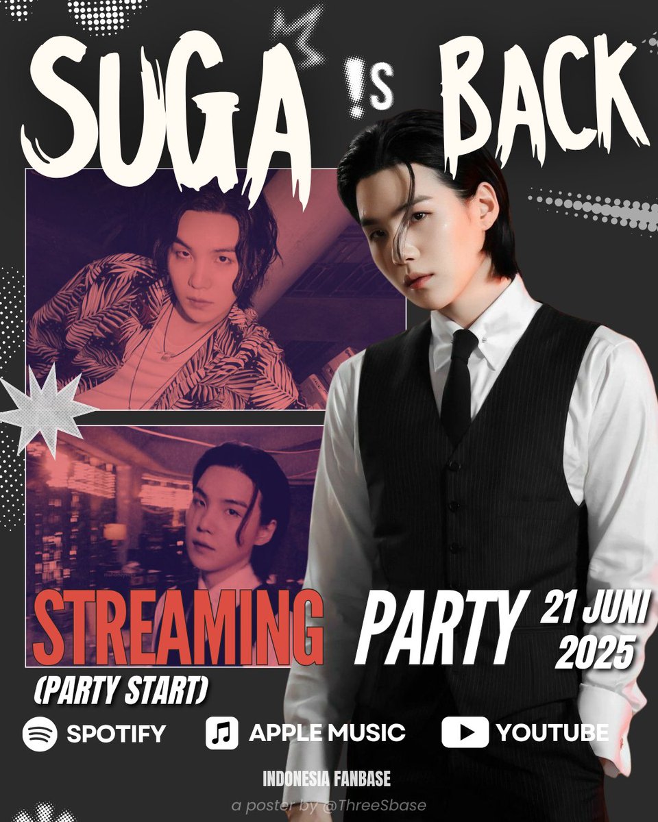 𝐒𝐔𝐆𝐀 𝐈𝐒 𝐁𝐀𝐂𝐊 : Party Streaming Started!

REPLY YOUR STREAMING &amp; KEYWORD

🔑 SUGA IS BACK 
LIFE IS SWEETER WITH SUGA
#DDAY_SUGAisBACK
#WelcomeHomeSUGA

PLAYLIST 👇
SPO 🔗 open.spotify.com/playlist/4u2ct…
YT 🔗 youtube.com/playlist?list=… 
AM 🔗 music.apple.com/id/playlist/su…
