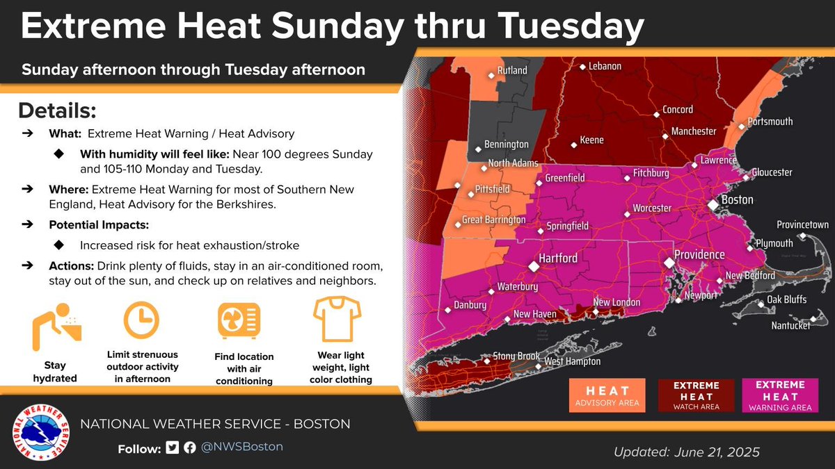 An Extreme Heat Warning is in effect for most of Southern New England except the Berkshires. Heat impacts are expected Sunday afternoon through Tuesday afternoon. Heat index values will be near 100 degrees Sunday and rise to around 105-110 degrees Monday and Tuesday.