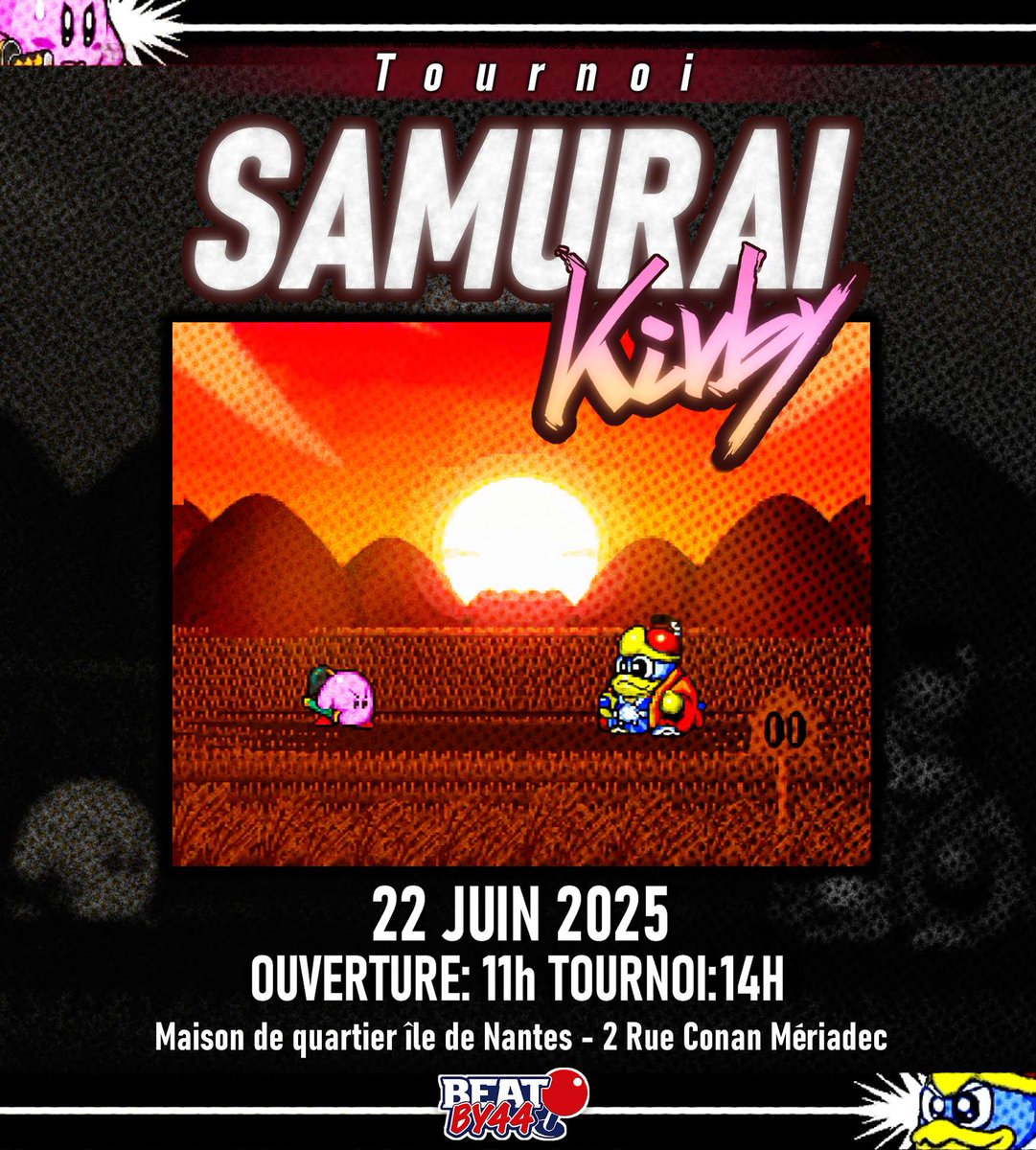 Beat by 44 (@beatby44) on Twitter photo Demain, pour notre session mensuelle à la Maison de Quartier de l'Ile de Nantes nous vous proposons un tournoi Samurai Kirby.
Inscriptions sur place à partir de 11h, début du tournoi à 14h.
Art by <a href="/DRUNKENlei/">BB44 | DRUNKENlei</a> Demain, pour notre session mensuelle à la Maison de Quartier de l'Ile de Nantes nous vous proposons un tournoi Samurai Kirby.
Inscriptions sur place à partir de 11h, début du tournoi à 14h.
Art by <a href="/DRUNKENlei/">BB44 | DRUNKENlei</a>