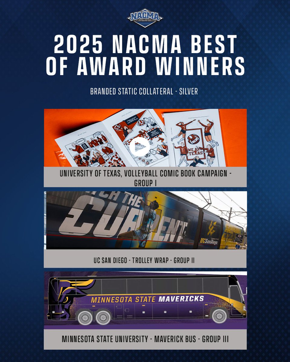 NACMA News (@nacmanews) on Twitter photo Congratulations to our 2024-25 NACMA "Best Of" Awards Silver Winners for Branded Static Collateral!
Group I – <a href="/TexasLonghorns/">Texas Longhorns</a>
Group II – <a href="/UCSDtritons/">UC San Diego Tritons</a>
Group III – <a href="/MinnStAthletics/">Minn. St. Athletics</a>
#NACMA25 Congratulations to our 2024-25 NACMA "Best Of" Awards Silver Winners for Branded Static Collateral!
Group I – <a href="/TexasLonghorns/">Texas Longhorns</a>
Group II – <a href="/UCSDtritons/">UC San Diego Tritons</a>
Group III – <a href="/MinnStAthletics/">Minn. St. Athletics</a>
#NACMA25