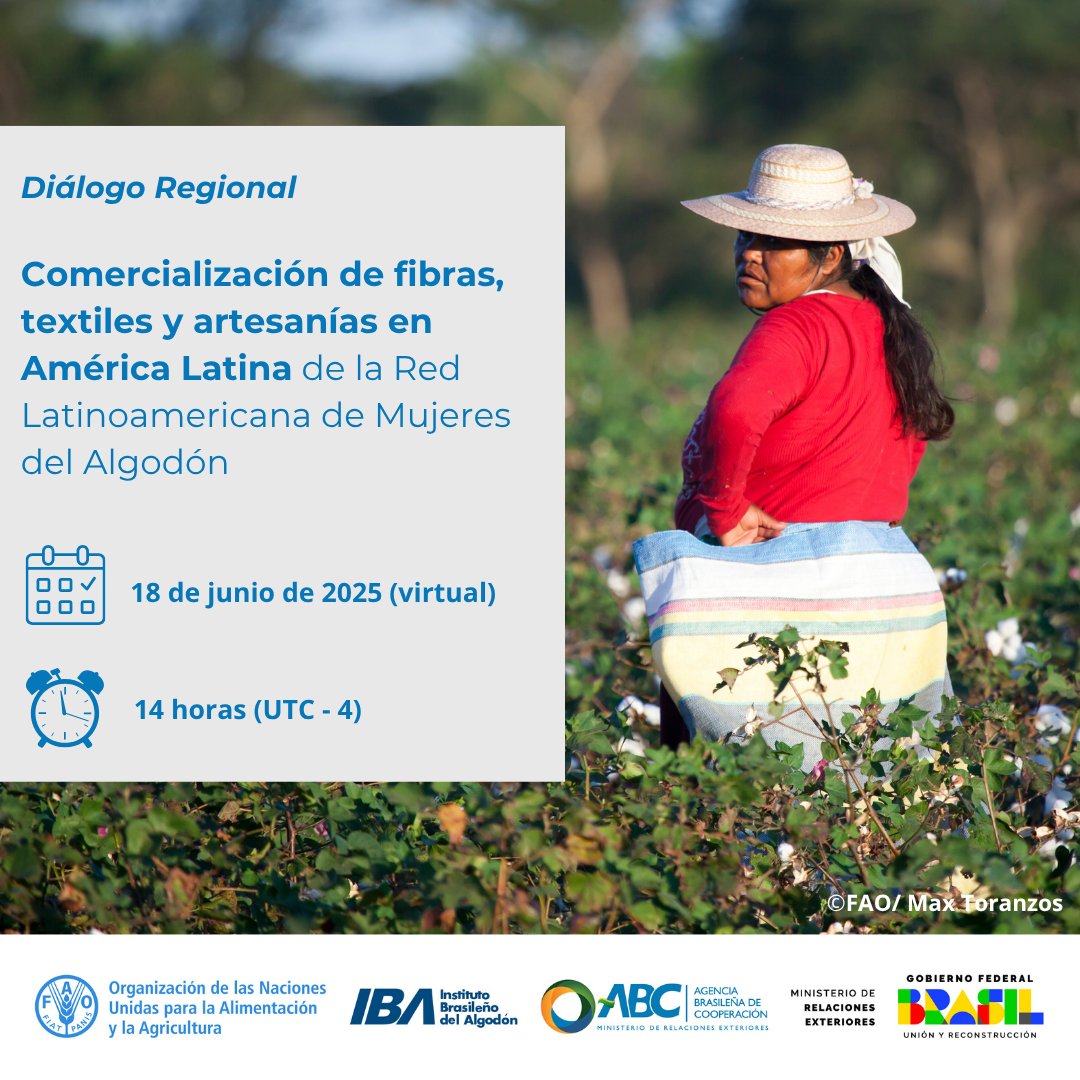FAOBrasilCoop's tweet image. 📢¡Participa en el Diálogo Regional🌎 de la Red de Mujeres del Algodón👩‍🌾!
📝Tema: Comercialización de fibras, textiles y artesanías en América Latina 🧶👗

🗓️18 junio
🕐13h 🇨🇴🇪🇨🇵🇪 | 14h 🇨🇱🇧🇴 | 15h 🇧🇷🇦🇷🇵🇾

🔗 Acceda: bit.ly/3HrfMT8
#AlgodónLatinoamérica #MujeresDelAlgodón