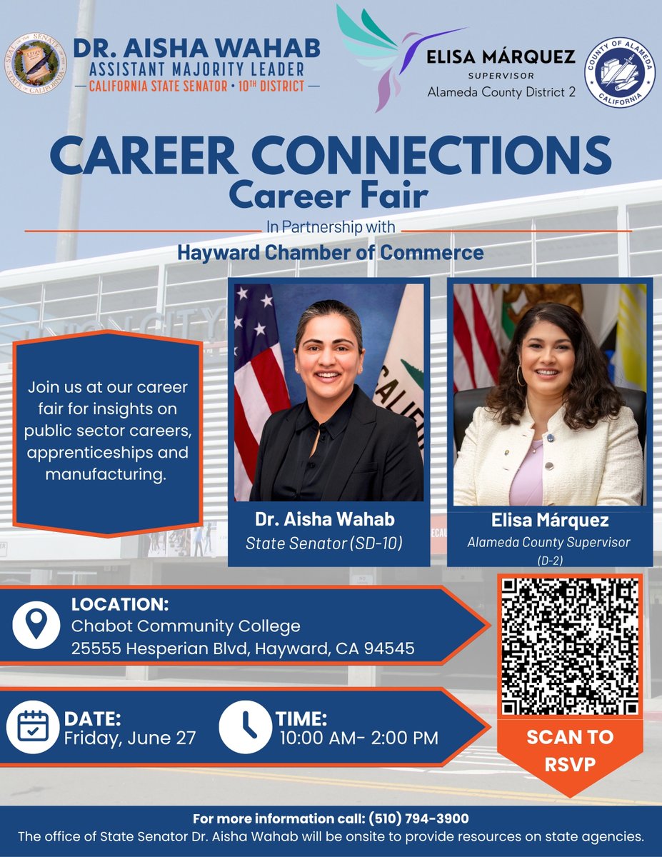 AMBayArea's tweet image. Bay Area Manufacturers: Register to participate in a Career Fair on Friday, June 27 hosted by @haywardchamber, State Senator @aishabbwahab and Alameda County Supervisor @emarqana
Email Astrid Scott at astrid.scott@sen.ca.gov to participate as an employer. #BayArea #Mfg
