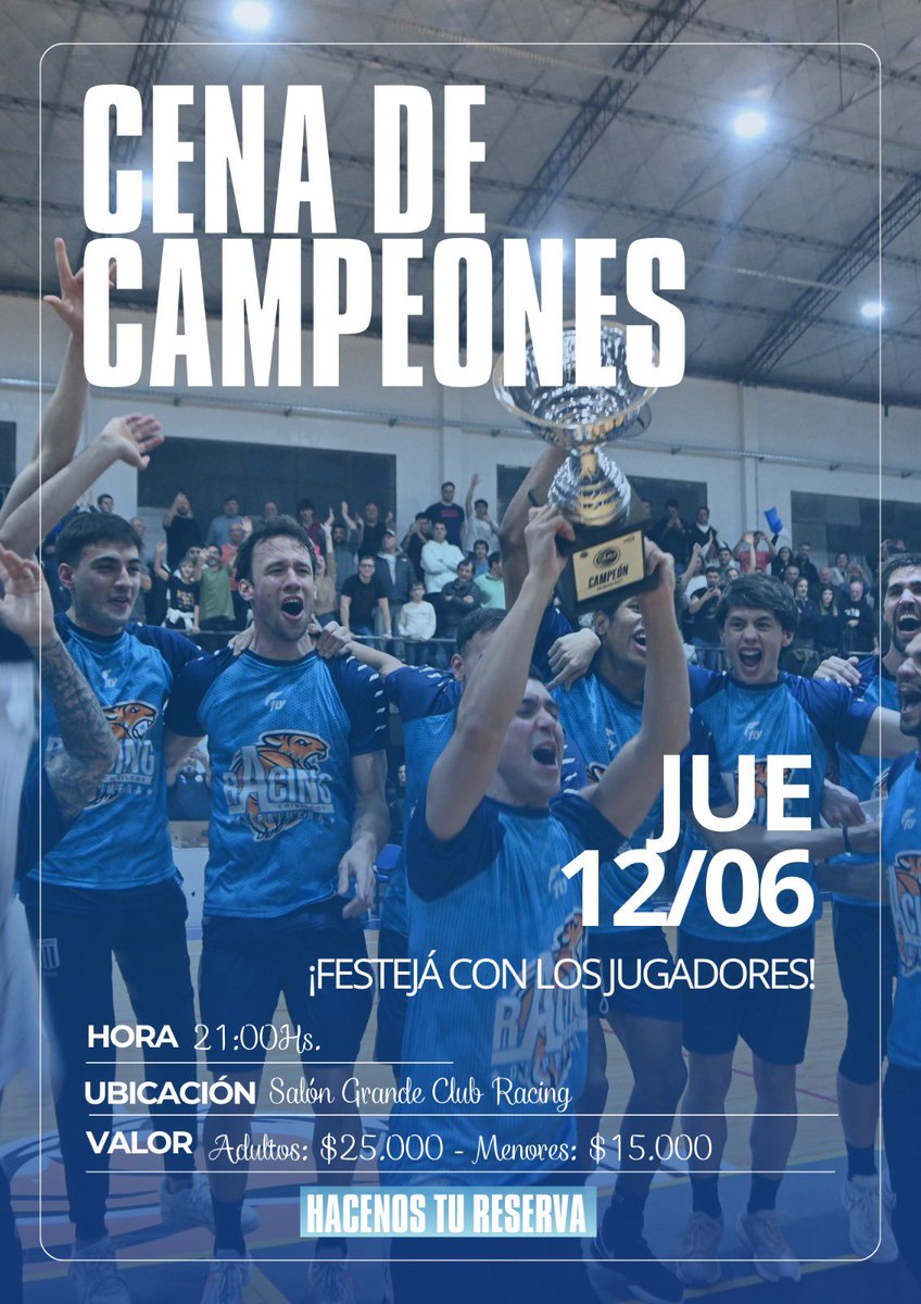 𝐂𝐄𝐍𝐀 𝐃𝐄 𝐂𝐀𝐌𝐏𝐄𝐎𝐍𝐄𝐒
 !𝐅𝐞𝐬𝐭𝐞𝐣𝐚𝐦𝐨𝐬 𝐭𝐨𝐝𝐨𝐬 𝐣𝐮𝐧𝐭𝐨𝐬!
Este jueves 12/06 a las 21 hs, el Club Racing se viste de fiesta.
Salón grande del Club Racing
Entrada + Plato principal + Postre helado + Torta
Reservá por Instagram o al 2346 597099.
