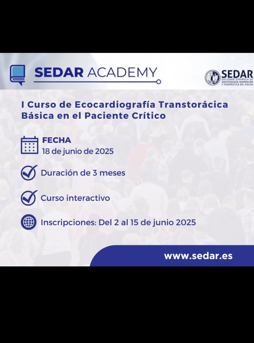 Apúntate al curso de Ecocardiografía Transtorácica Básica de la <a href="/sedar_es/">SEDAR</a>  y aprende Ecocardiografia desde casa sin prisas. No dejes pasar la oportunidad! Fecha de inscripcion: 1-15 de junio. Inicio: 18 de junio. No te lo pierdas! Aprende Ecocardiografia Básica fácilmente desde